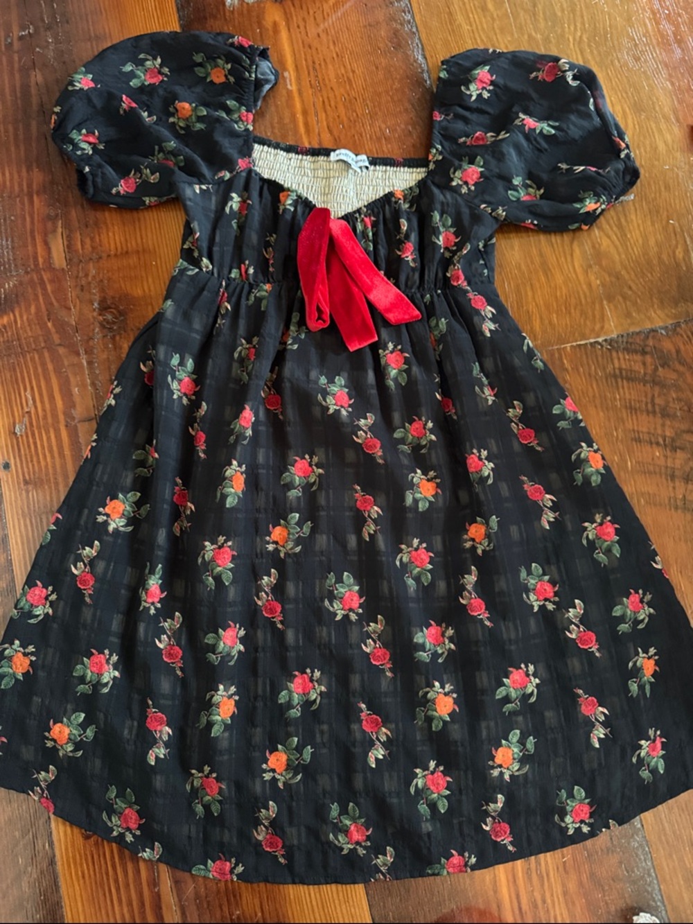 Black Floral Mini Dress with Red Bow Accent